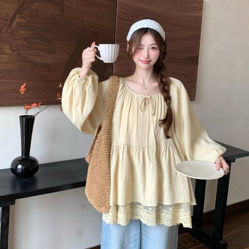 大码女法式绑带圆领蕾丝花边宽松长袖娃娃衫2025早秋新款显瘦上衣
