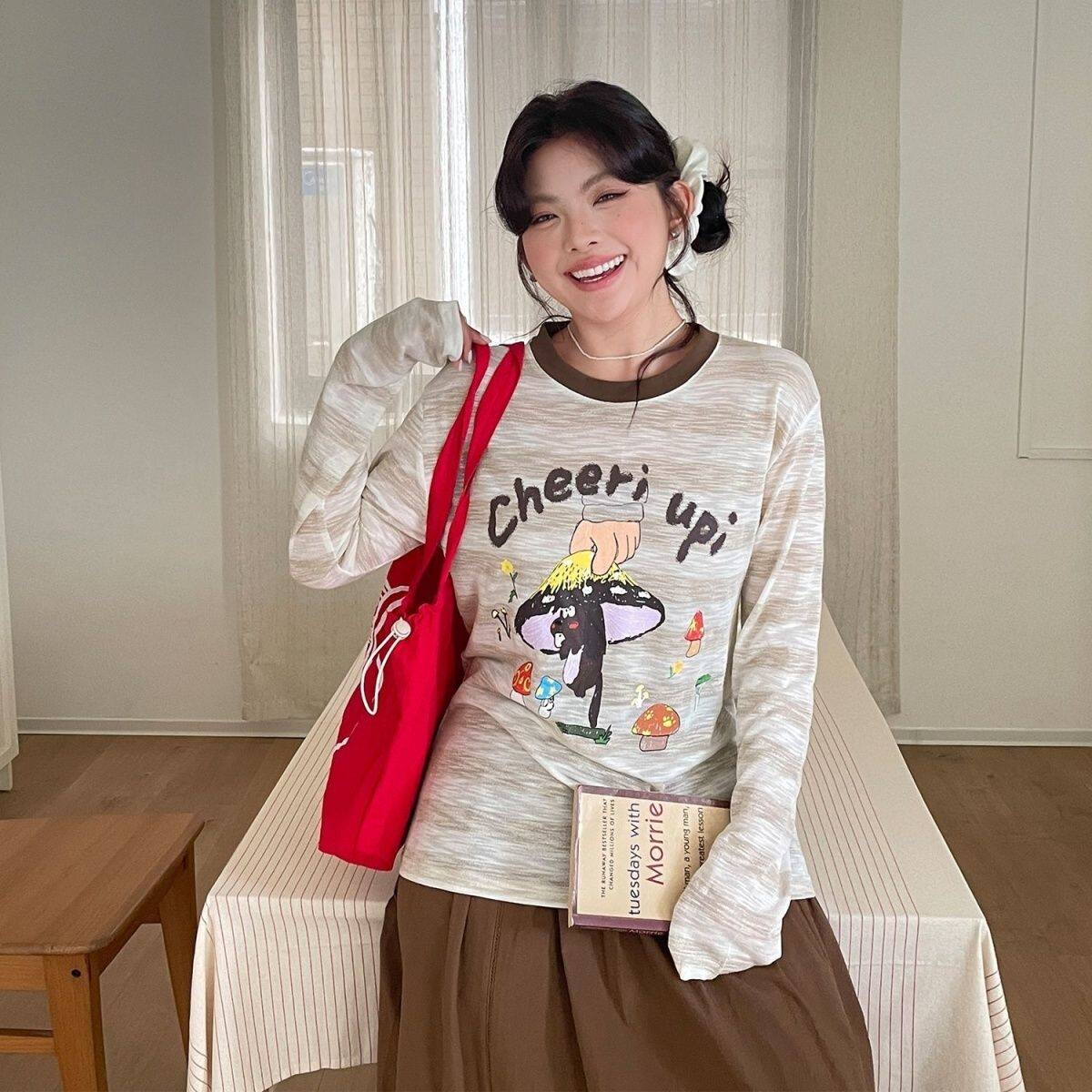 大码t恤女春夏秋季宽松韩版慵懒风长袖胖mm条纹印花罩衫薄款上衣