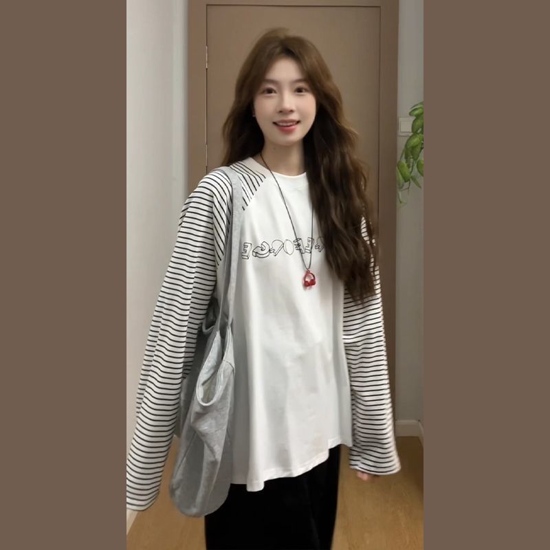 美式复古插肩长袖t恤女秋冬季拼接条纹打底衫学院风上衣大码300斤