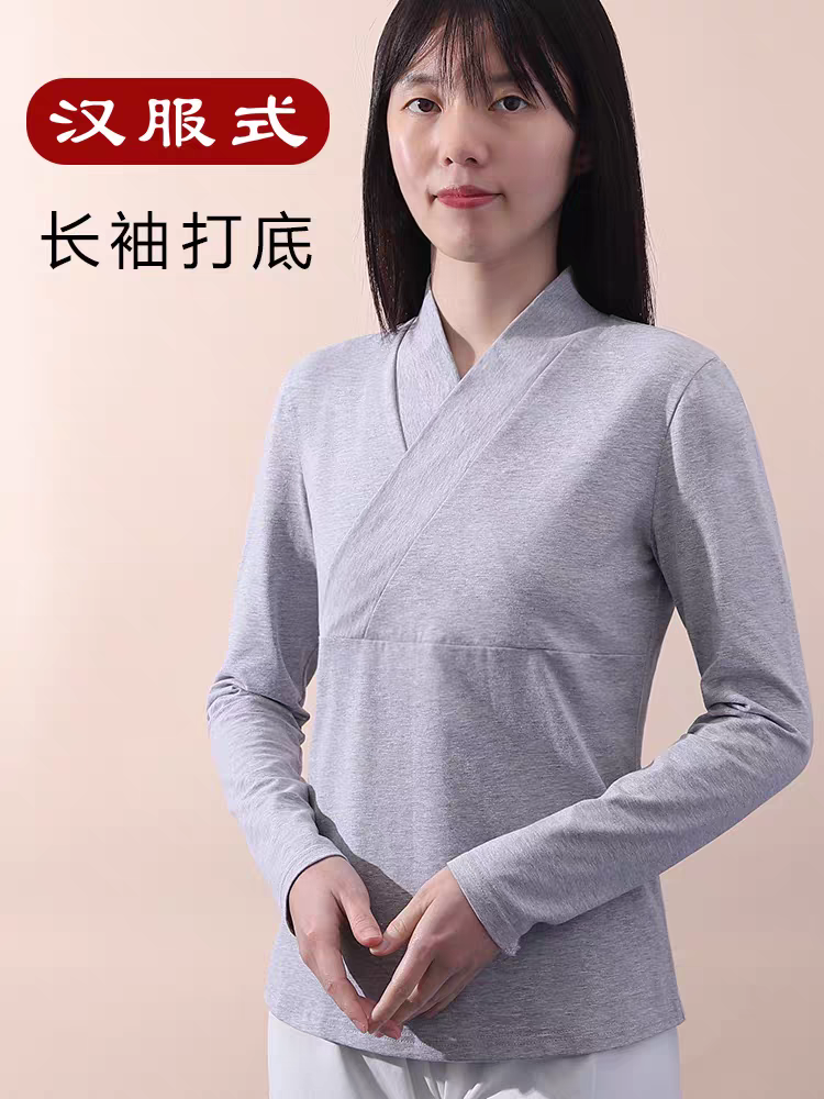 德绒中式改良汉服内搭上衣立领衬衣女士斜襟交领长袖打底衬衫大码
