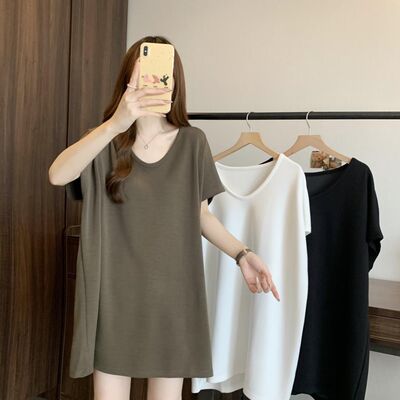 大码300斤慵懒风宽松中长款大版冰丝上衣女夏季胖mm正肩短袖t恤薄