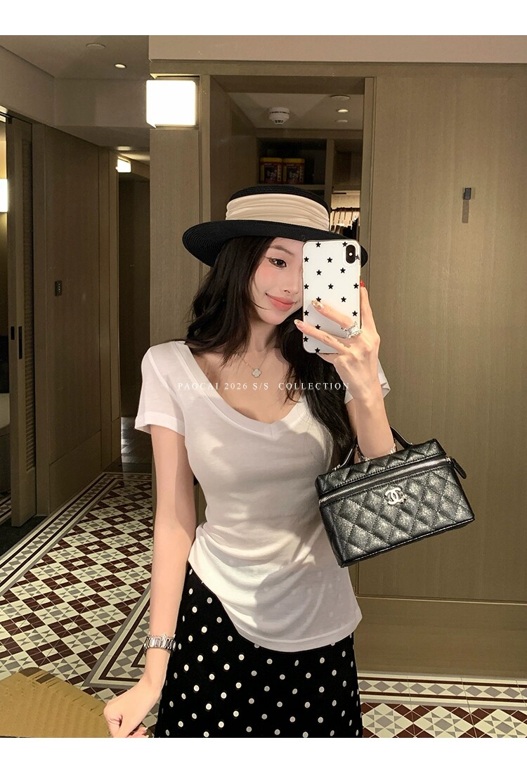 V领面膜衫正肩T恤女装短袖夏季新款百搭简约显瘦性感上衣打底大码