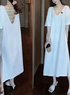 300斤大码女装性感露背懒人裙长款连衣裙宽松胖mm显瘦睡裙开衩