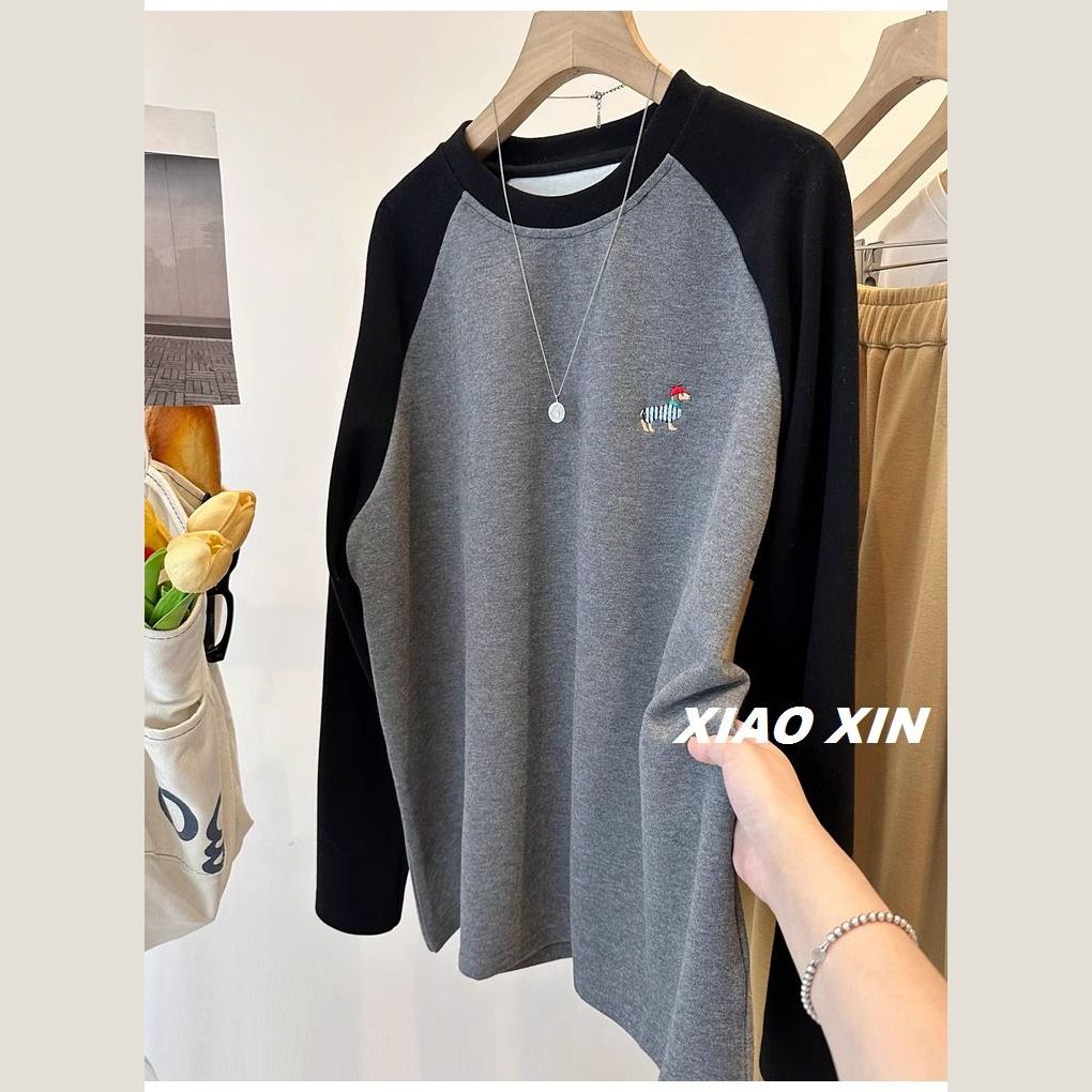 大码300斤胖mm长袖保暖德绒t恤女撞色插肩长袖印花秋冬季宽松上衣