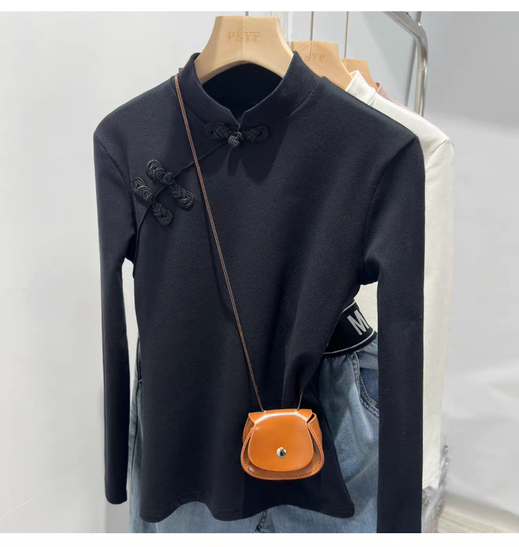 秋冬上衣女国潮风新中式立领盘扣打底衫长袖t恤汉服复古大码300斤