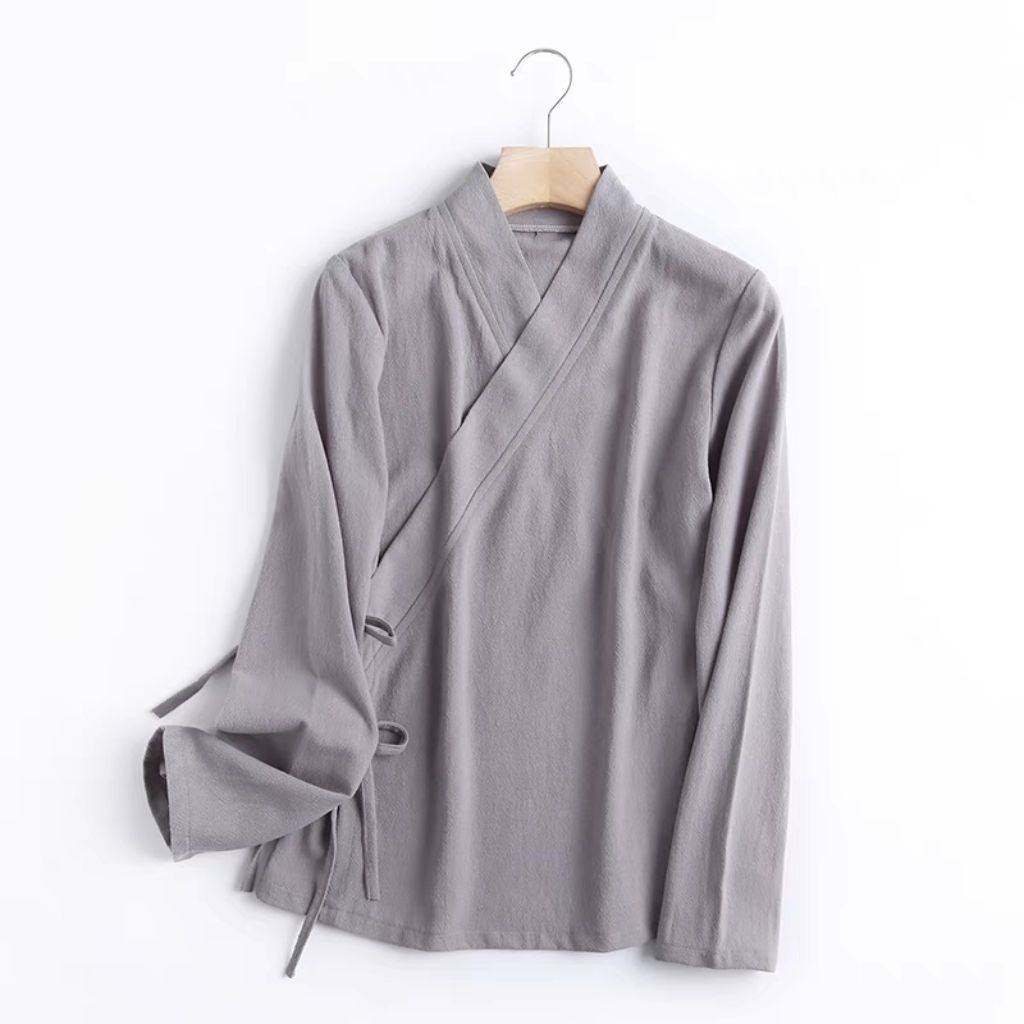 中国风系带交领男女款中式复古汉服茶禅服春秋长袖上衣大码300斤