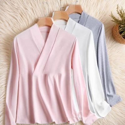 新中式上衣改良汉服内搭交叉领斜襟长袖德绒保暖打底衫大码300斤