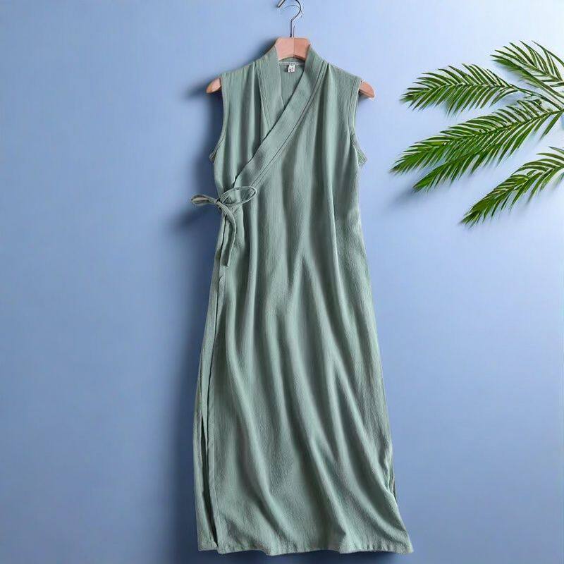 新中式无袖背心唐装连衣裙交领系带改良汉服旗袍式睡裙大码300斤