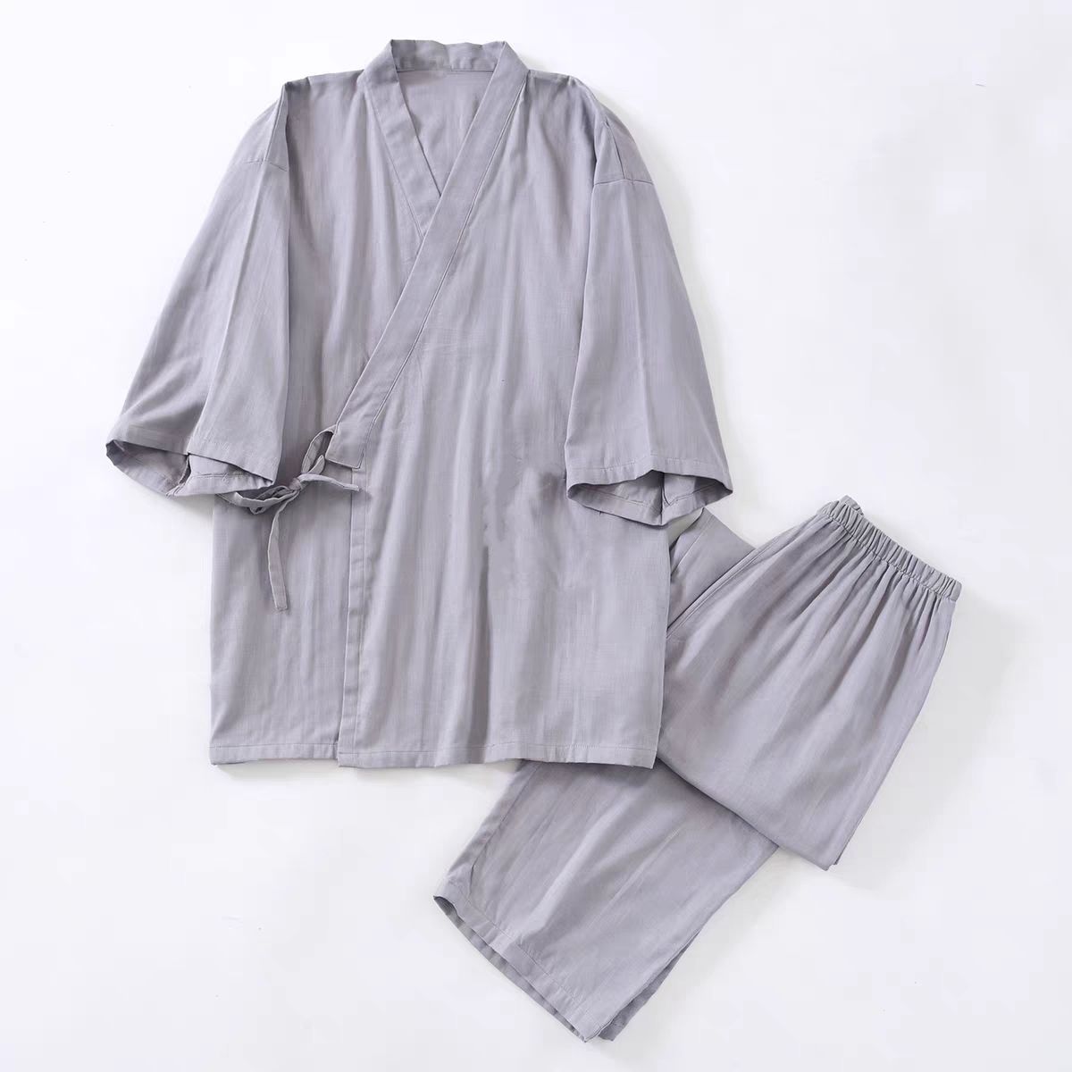 汉服中式男女春夏季交领系带睡衣家居服简约纯色短袖长裤套装大码