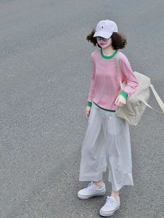 夏季韩系洋气减龄独特别致漂亮上衣时尚百搭粉色长袖T恤大码300斤