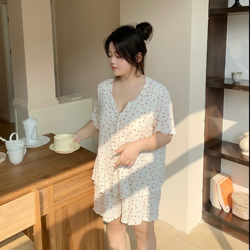 夏季大码300斤宽松短袖短裤甜美印花睡衣套装女士家居服休闲显瘦