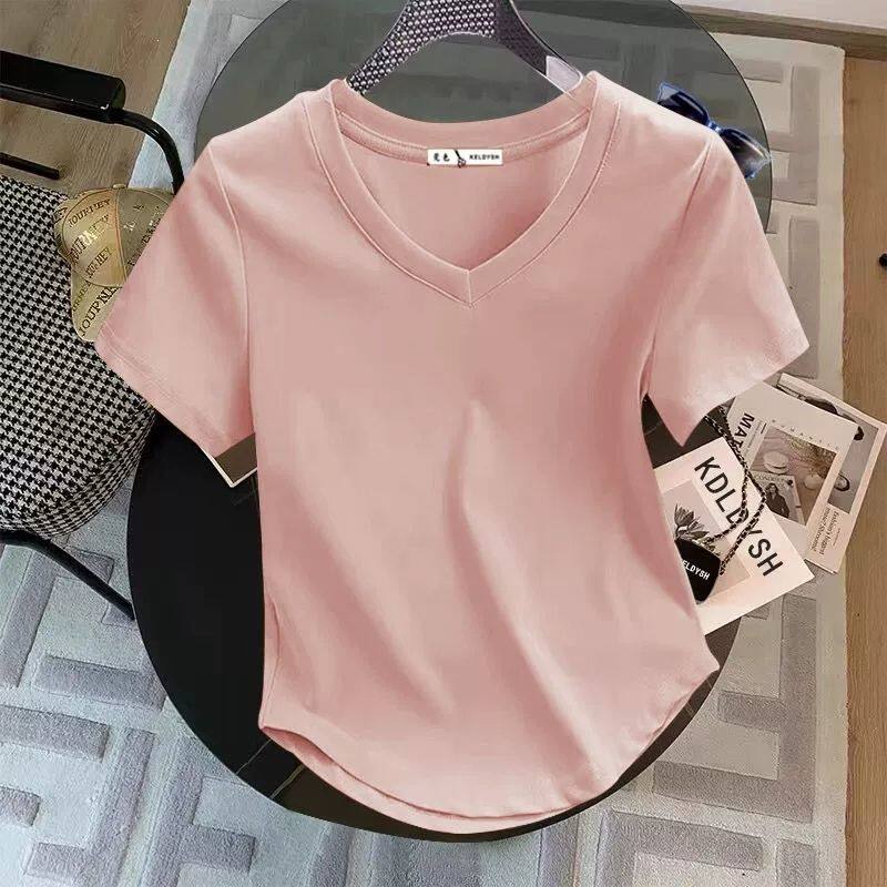 300斤大码女装正肩短袖T恤夏季胖mm遮肚子显瘦V领宽松上衣百搭潮