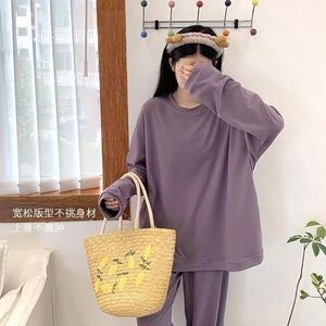 日系简约纯色德绒睡衣两件套装秋冬保暖亲肤宽松休闲家居服大码女