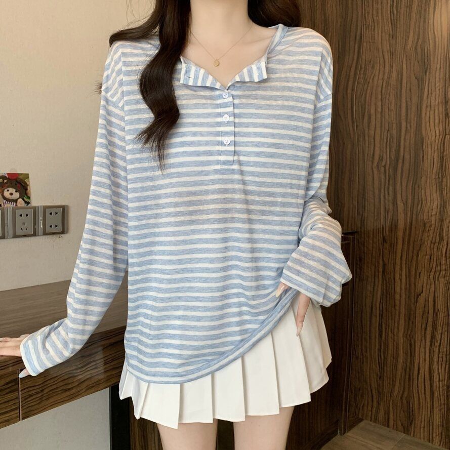 夏季韩系蓝色条纹女辣妹宽松慵懒风薄款微透罩衫防晒长袖上衣大码