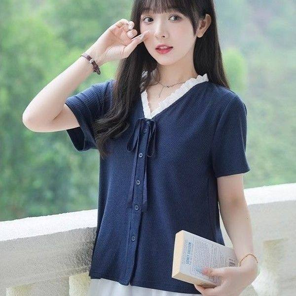 大码300斤法式短袖冰丝夏季宽松打底衫T恤蝴蝶结显瘦花边V领上衣