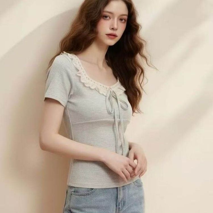 韩系甜美蕾丝拼接系带短袖T恤女夏季新款掐腰显瘦正肩上衣潮大码