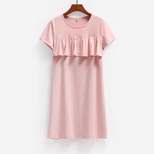 胸前双层遮胸睡裙荷叶边防突点女夏冰丝短袖可外穿睡衣大码300斤