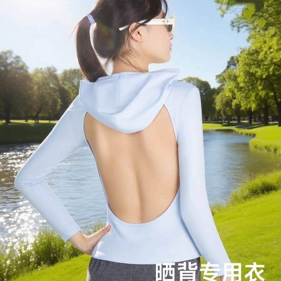 晒背专用衣女三伏天连帽长袖上衣2025新款冰丝天灸露背大码300斤