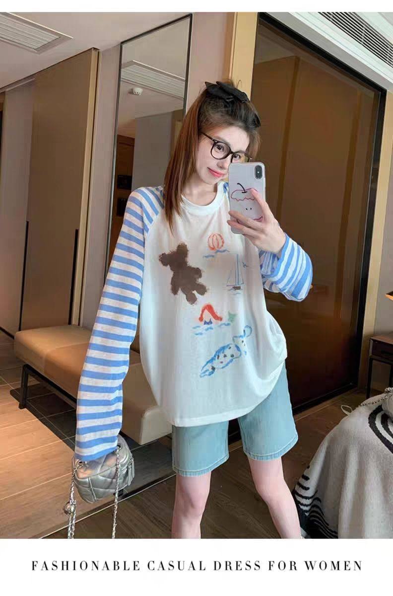 撞色插肩条纹长袖t恤女2025设计感小众宽松慵懒罩衫上衣大码300斤