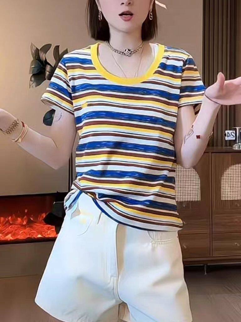 2025夏季洋气彩色条纹甜美时尚潮流打底衫短袖T恤女上衣大码300斤