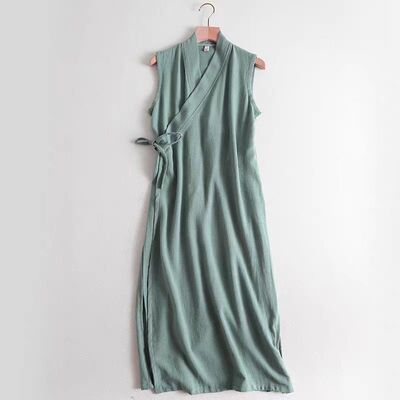 民族风一片式系带交领改良无袖汉服旗袍连衣裙夏季薄款大码300斤