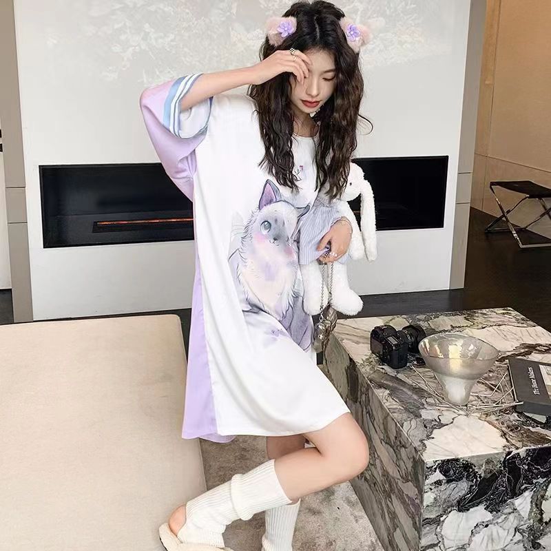 胖MM大码300斤睡裙女夏季可爱魔法猫咪短袖高级感网红日系家居服