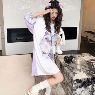胖MM大码300斤睡裙女夏季可爱魔法猫咪短袖高级感网红日系家居服