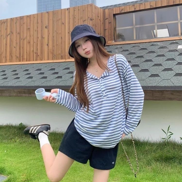 韩系慵懒半开领条纹长袖t恤女夏日2026宽松防晒罩衫休闲上衣大码