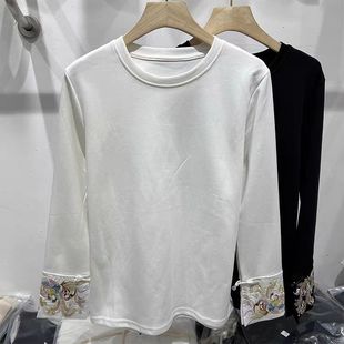 外贸新中式国风绣花长袖T恤内搭复古打底衫秋冬德绒保暖上衣大码