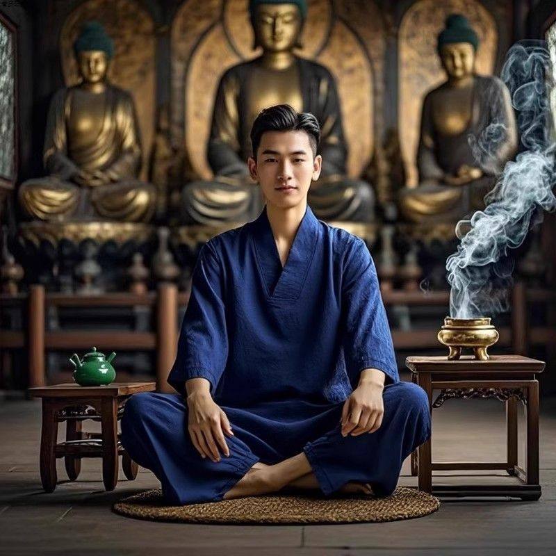 打坐冥想居士服男女款禅意佛系收脚长裤素衣禅修服套装大码300斤