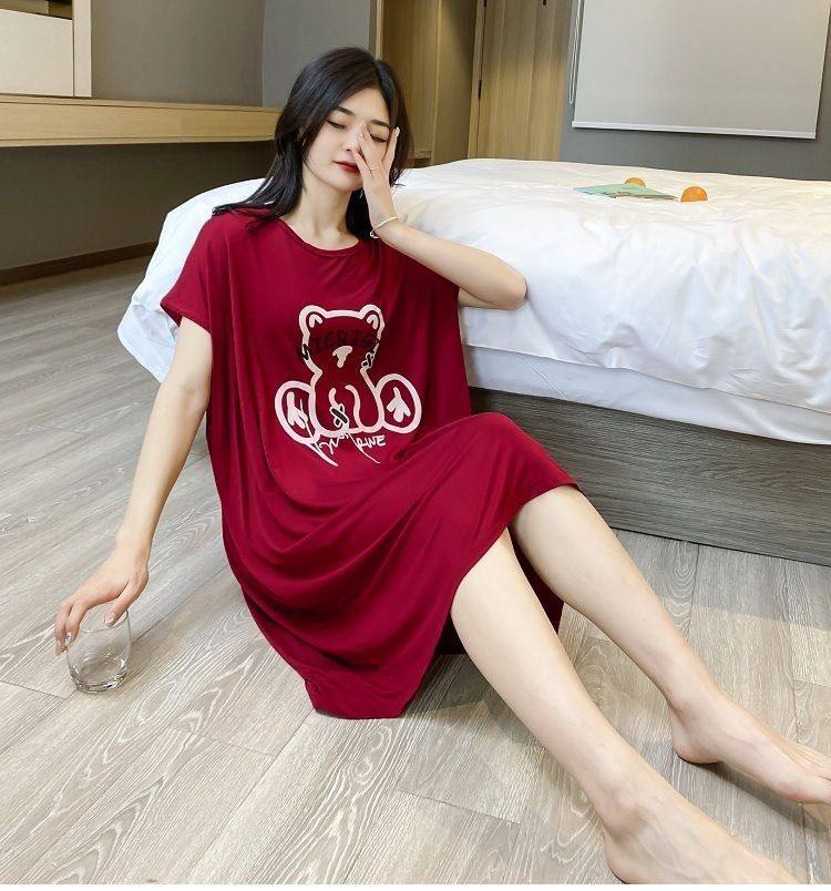 加肥加大码冰丝睡裙300斤宽松短袖女士睡衣夏季中裙薄款家居服