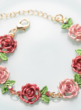 景泰蓝多色玫瑰花手链水钻配饰彩绘民族风饰品延长链可调节大小