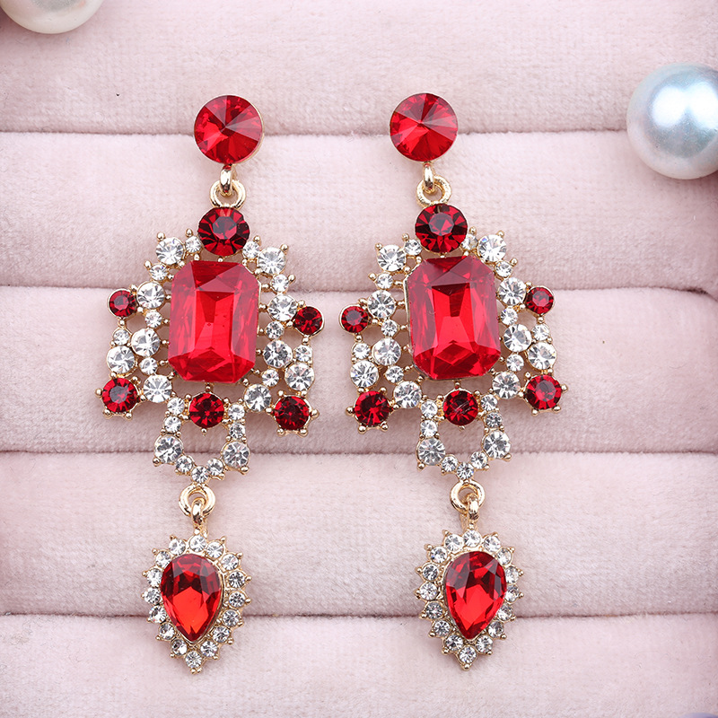 法式复古宫廷风红宝石耳环女轻奢古典设计感耳钉长款满钻耳坠耳饰
