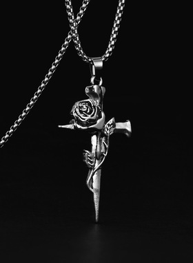 复古玫瑰花十字架个性潮人饰品男女长项链嘻哈情侣合金吊坠毛衣链