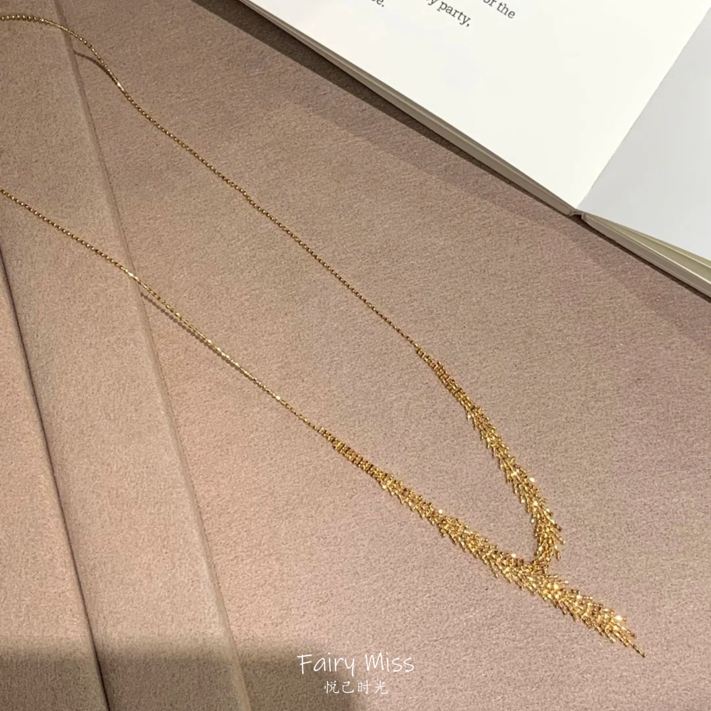 中古金色麦穗蕾丝y字流苏项链