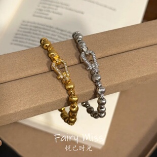 「拉丝猫眼」马蹄扣手链女新款重工高级感轻奢手串饰法式复古银金