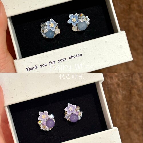 春夏新款甜美紫色蓝色水晶花耳钉