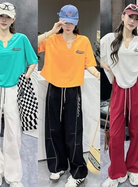 夏季新款冰感休闲宽松广场舞运动套装女短袖T恤曳舞V领百搭上衣