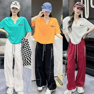 夏季新款冰感休闲宽松广场舞运动套装女短袖T恤曳舞V领百搭上衣