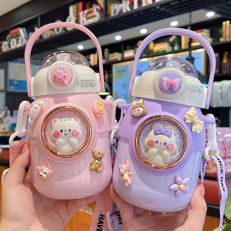 可爱杯子女生超萌吸管保温杯316食品级便携儿童水杯上学专用斜挎