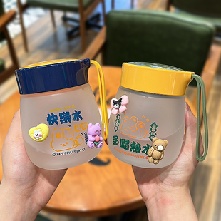 磨砂玻璃杯女耐高温便携咖啡果汁早餐牛奶杯带刻度提绳迷你水杯子