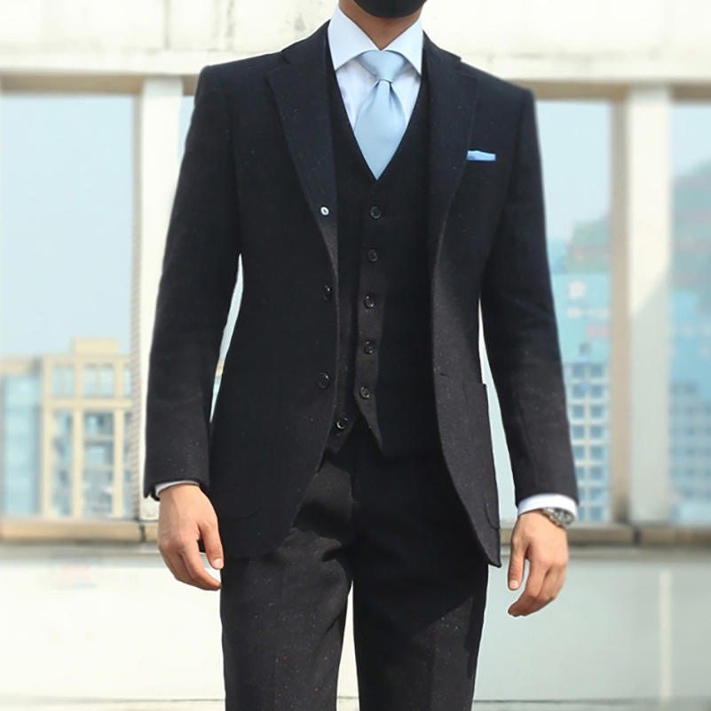 复古人字纹粗纺商务绅士西服套装