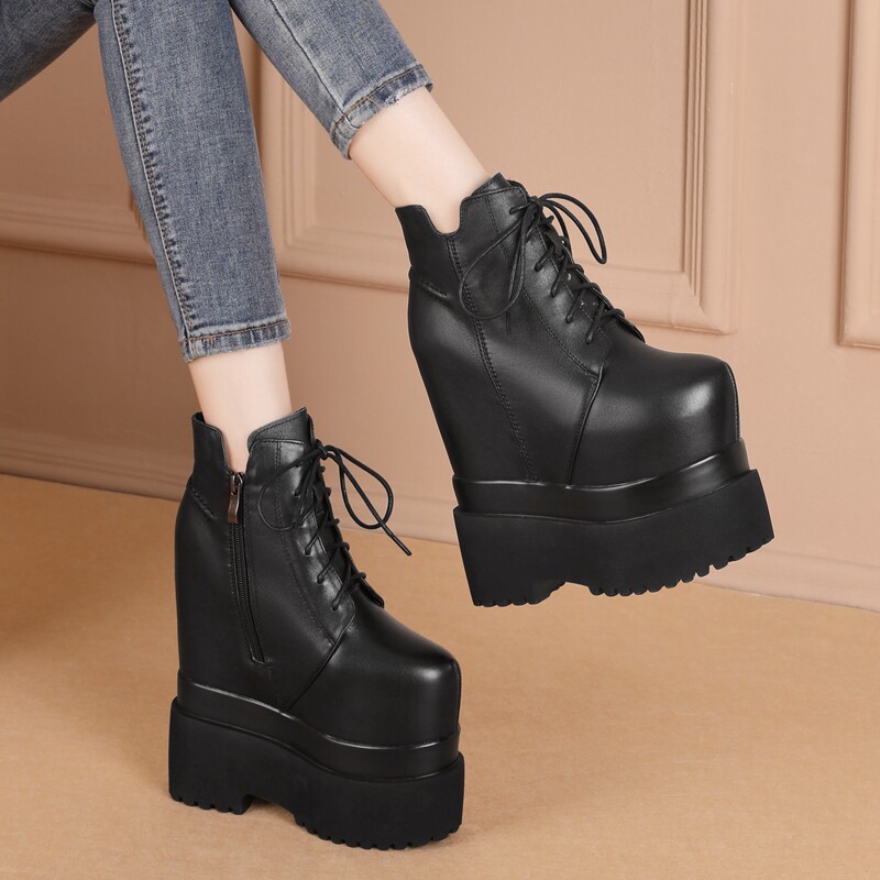 18cm内增高真皮马丁靴女超高跟短靴女秋冬平底系带厚底松糕底加绒