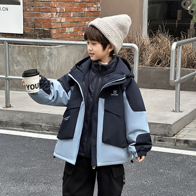 男童夹棉外套2025新款儿童冲锋衣三合一可拆卸男孩青少年加厚冬装
