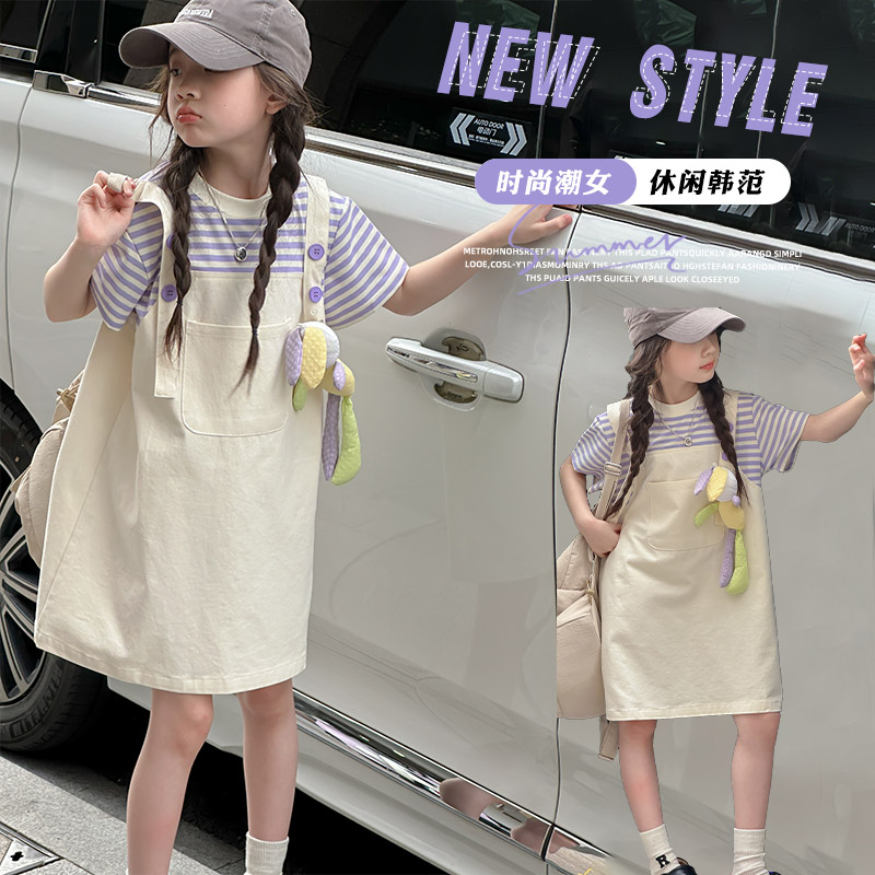 女童连衣裙夏季女孩纯棉假两件背带裙2026新款大童学院风裙子夏装