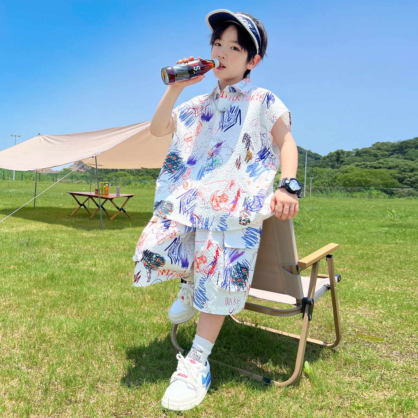 男童夏季工装套装薄款2026新款大儿童夏天花衬衫两件套冰丝痞帅潮