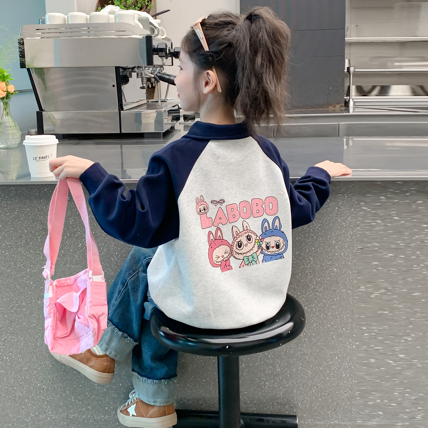 女童秋装卫衣2025新款儿童洋气韩版女孩春秋季POLO领卡通拼色上衣