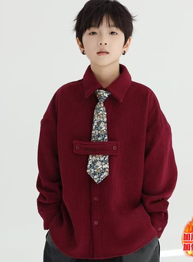 男童新款灯芯绒红色衬衫加厚2025中大童帅气衬衫绅士百搭男孩外套