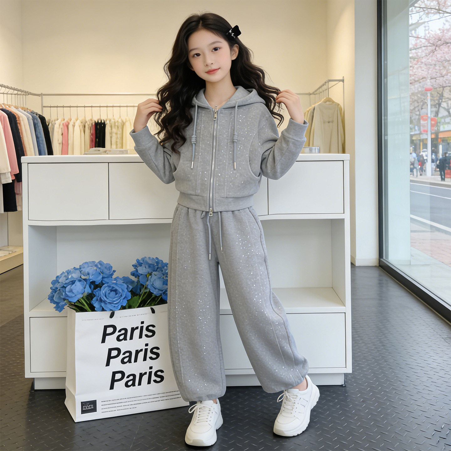女童烫钻套装春秋款2026新款儿童韩版连帽卫衣开衫卫裤两件套洋气