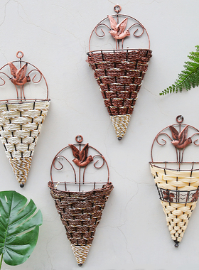 仿真花瓶花盆花篮壁挂铁艺花篮藤编壁挂花器装饰假花草编藤编花艺